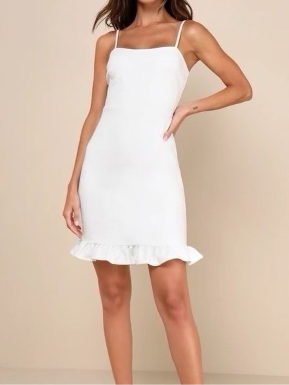 Lulus White Ruffle Square Neckline Spoonful Of Sass Ponte Bodycon Mini Dress